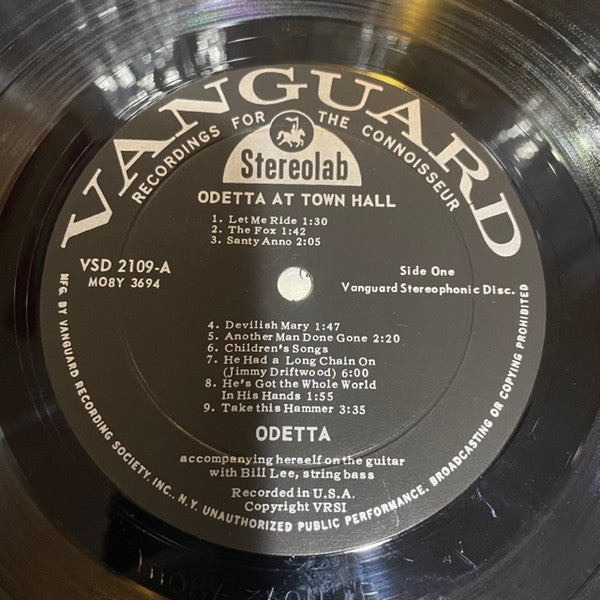 Odetta – At Town Hall - VG+ LP Record 1962 Vanguard USA Original Vinyl - Folk / Blues / Spirituals - Shuga Records