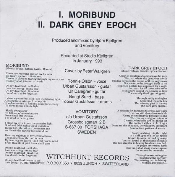 Vomitory – Moribund - VG+ 7" EP Record 1993 Witchhunt Switzerland Vinyl & Insert - Death Metal - Shuga Records