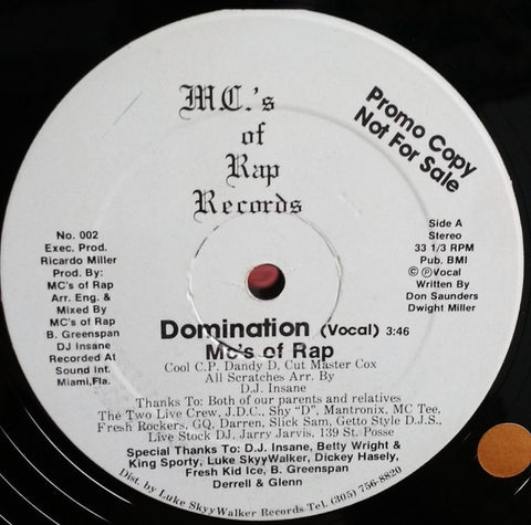 MC's Of Rap – Domination - Mint- Promo 12" Single Record 1986 Rap Records - Hip Hop / Miami Bass