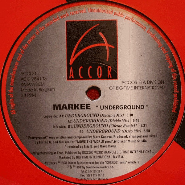 Markee – Underground - New 12" Single Record 1998 Accor Belgium Vinyl - House / Speed Garage