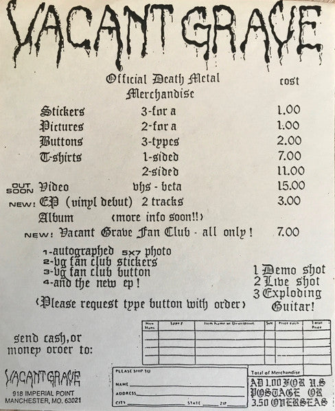 Vacant Grave – Eternal Nightmare - Mint- 7" EP Record 1987 Self-released USA Vinyl & Insert - Thrash - Shuga Records