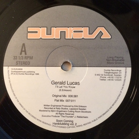 Gerald Lucas – I'll Let You Know - New 12" Single Record 1996 Dunkla Quality Recordings Sweden Vinyl - Tech House / Minimal / Acid House