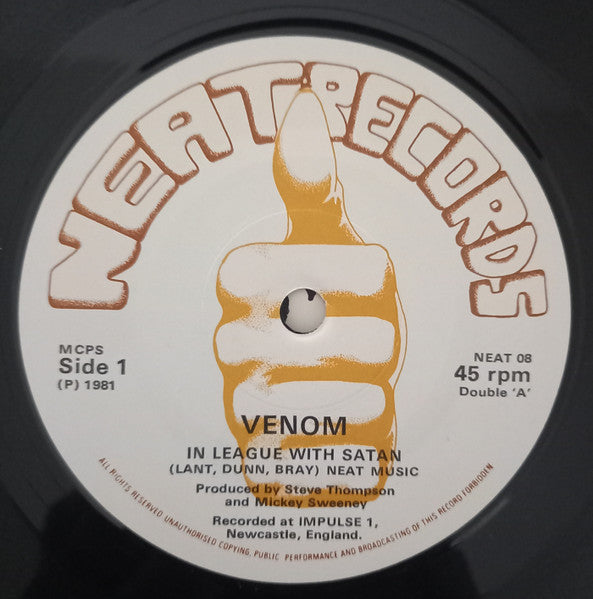 Venom – In League With Satan / Live Like An Angel - Mint- 7" Single Record 1981 Neat UK Vinyl - Black Metal / Heavy Meta - Shuga Records
