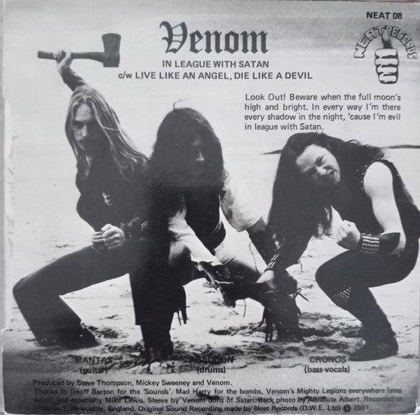 Venom – In League With Satan / Live Like An Angel - Mint- 7" Single Record 1981 Neat UK Vinyl - Black Metal / Heavy Meta - Shuga Records