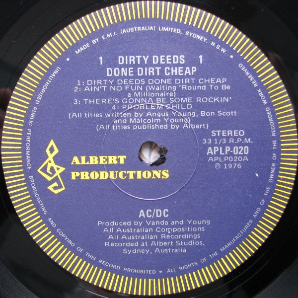 AC/DC – Dirty Deeds Done Dirt Cheap (1976) - Mint- LP Record 1977 (Second pressing Blue Label without a kangaroo) Albert Productions Australia Vinyl - Hard Rock / Rock & Roll