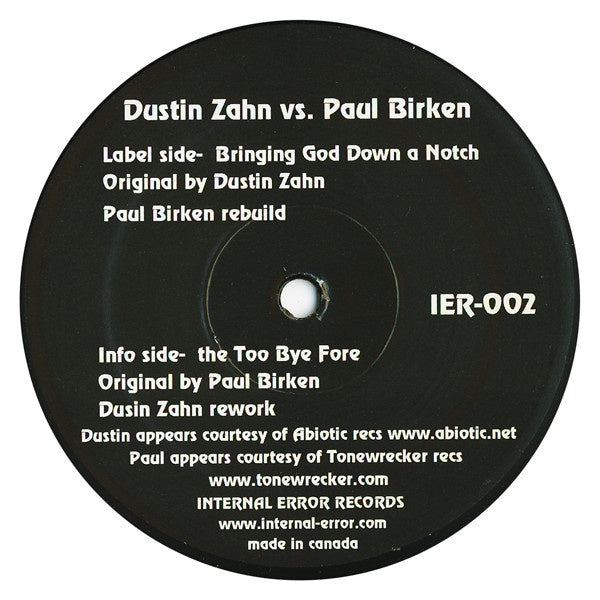 Paul Birken vs. Dustin Zahn – Bringing God Down A Notch - VG+ 12" Single Record 2004 Internal Error Vinyl - Techno