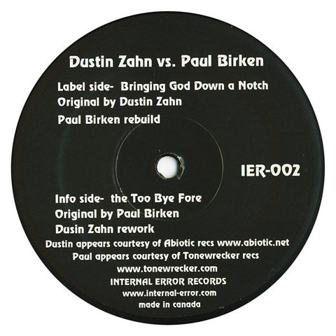 Paul Birken vs. Dustin Zahn – Bringing God Down A Notch - VG+ 12" Single Record 2004 Internal Error Vinyl - Techno