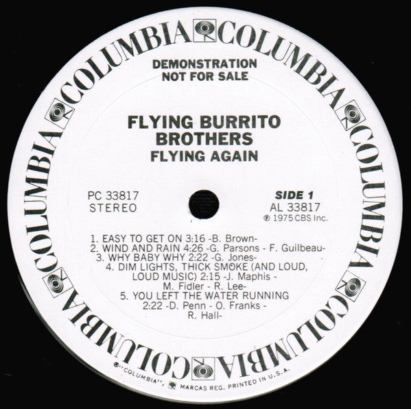 The Flying Burrito Bros ‎– Flying Again - VG+ LP Record 1975 Columbia USA Promo Vinyl - Rock / Country Rock - Shuga Records