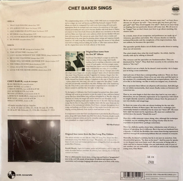 Chet Baker ‎– Chet Baker Sings (1954) - New LP Record 2011 Pan An Europe Import 180 gram Vinyl - Jazz / Cool Jazz - Shuga Records