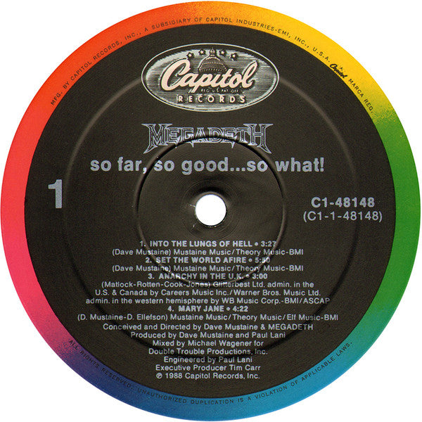 Megadeth – So Far, So Good... So What! - VG+ LP Record 1985 Capitol USA Vinyl - Thrash / Speed Metal / Heavy Metal - Shuga Records