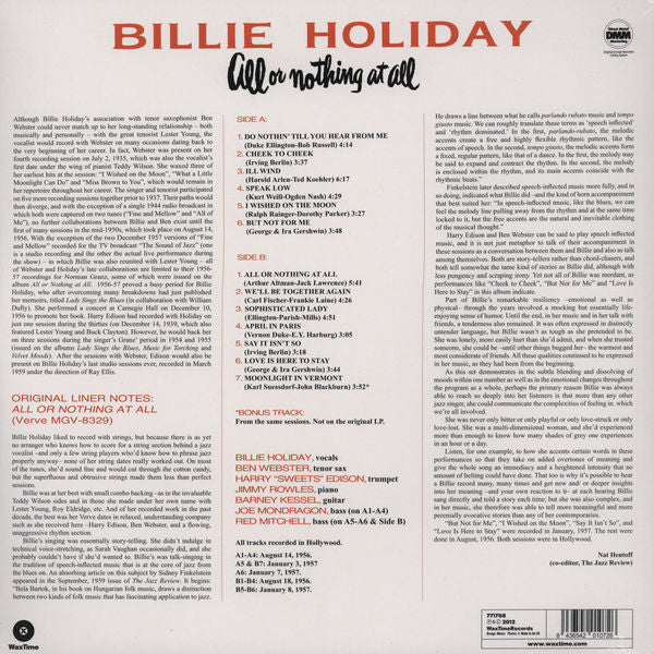 Billie Holiday ‎– All Or Nothing At All (1958) - New LP Record 2012 WaxTime Europe Import 180 gram Vinyl - Jazz