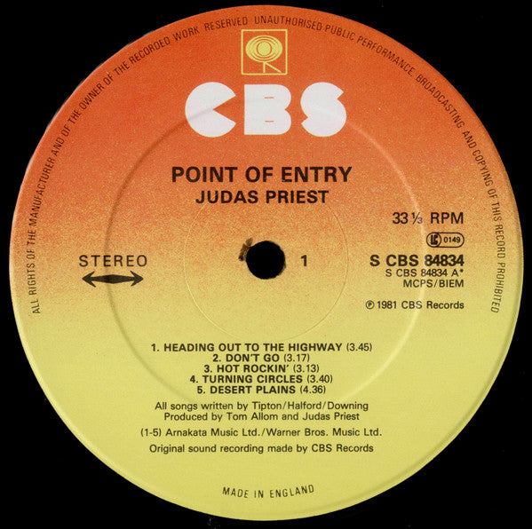 Judas Priest ‎– Point Of Entry - VG+ LP Record 1981 CBS UK Import Vinyl - Hard Rock / Heavy Metal - Shuga Records