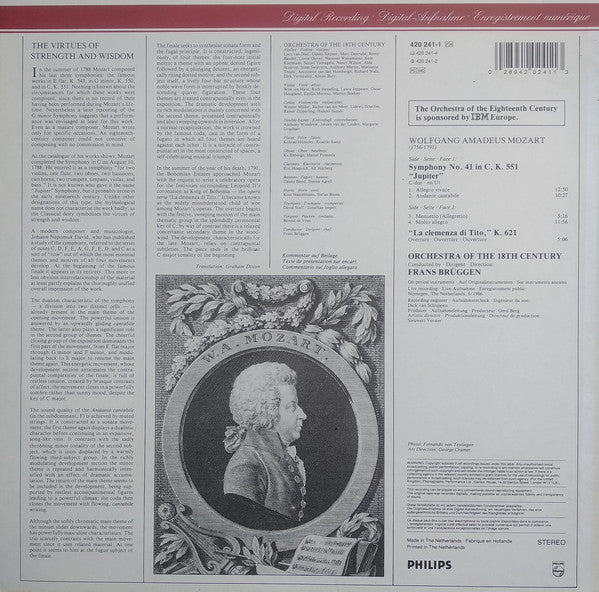 Mozart, Orchestra Of The 18th Century, Frans Brüggen – Symphony No. 41 «Jupiter» / Overture «La Clemenza Di Tito - Mint- LP Record 1987 Philips Digital Netherlands Import Vinyl - Classical