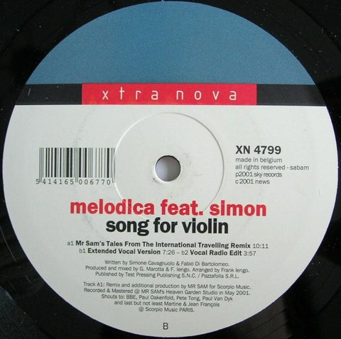 Melodica Feat. Simon – Song For Violin - New 12" Single Record 2001 Xtra Nova Belgium Vinyl - Trance