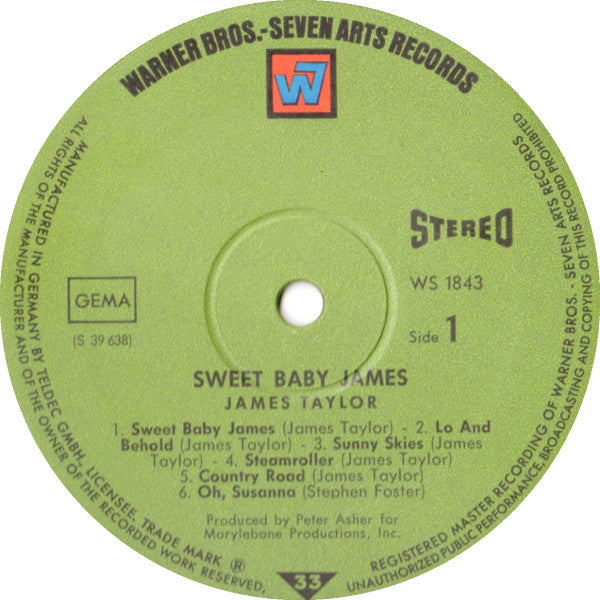 James Taylor ‎– Sweet Baby James - VG+ LP Record 1970 Warner German Import Vinyl - Soft Rock / Folk Rock - Shuga Records