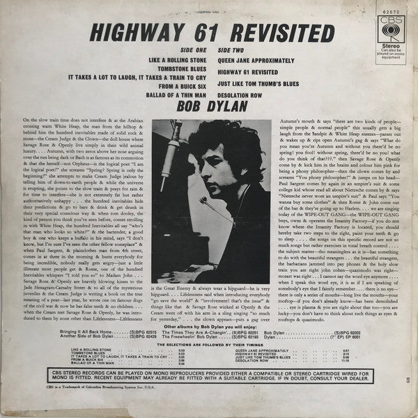 Bob Dylan – Highway 61 Revisited (1965) - VG+ LP Record 1969 CBS UK Import Vinyl - Rock / Folk Rock - Shuga Records