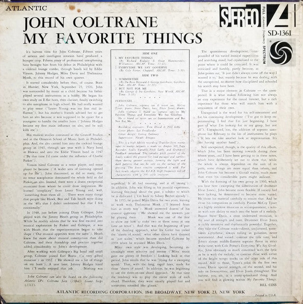 John Coltrane ‎– My Favorite Things - VG+ Lp Record 1961 Atlantic USA Stereo Original Vinyl - Jazz / Hard Bop / Modal - Shuga Records