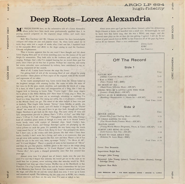 Lorez Alexandria ‎– Deep Roots - VG+ LP Record 1962 Argo USA Mono Vinyl - Jazz