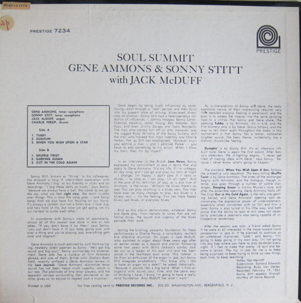 Gene Ammons & Sonny Stitt With Jack McDuff – Soul Summit - VG+ LP Record 1962 Prestige USA Mono Original Vinyl - Jazz / Soul-Jazz - Shuga Records