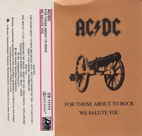 AC/DC – For Those About To Rock We Salute You - Used Cassette 1981 Atlantic Tape - Hard Rock