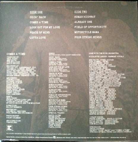 Neil Young - Comes A Time - Mint- LP Record 1978 Reprise USA Original Vinyl - Rock / Folk Rock - Shuga Records