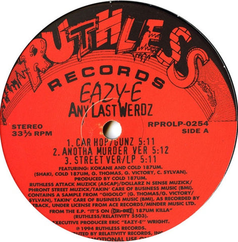 Eazy-E – Any Last Werdz - VG+ 12" Single Record 1994 Ruthless Relativity USA Promo Vinyl - Hip Hop