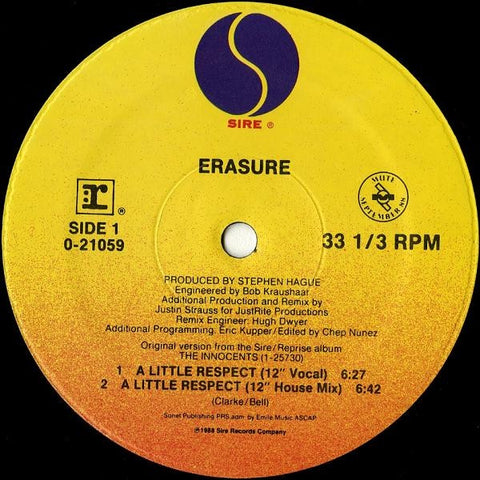 Erasure – A Little Respect - VG 12" Single Record 1988 Sire USA Vinyl - Pop / Synth-pop / House