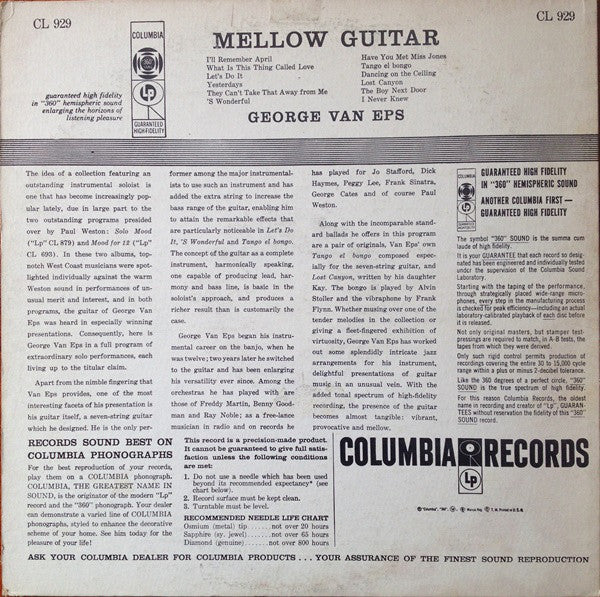 George Van Eps – Mellow Guitar - VG+ LP Record 1957 Columbia USA Vinyl - Jazz - Shuga Records