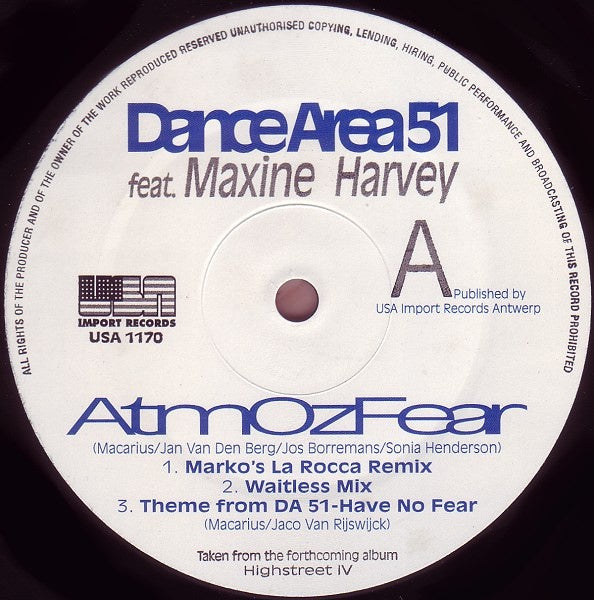 Dance Area 51 Feat. Maxine Harvey – AtmOzFear - New 12" Single Record USA Import Belgium Vinyl - Trance - Shuga Records