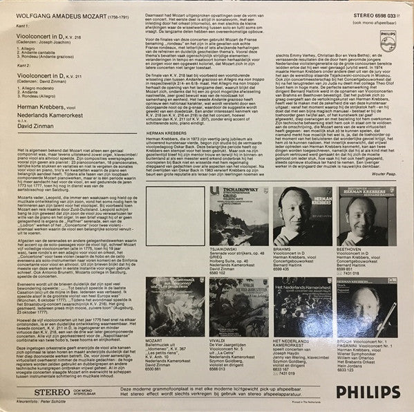 Mozart - Herman Krebbers, Nederlands Kamerorkest, David Zinman – Vioolconcerten Nr. 2, K.V. 211 En Nr. 4, K.V. 218 - VG+ LP Record 1976 Philips Holland Import Vinyl - Classical / Violin
