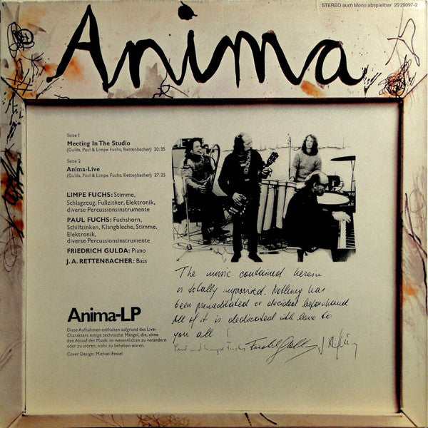 Anima, Limpe Fuchs, Friedrich Gulda, Paul Fuchs, Johann Anton Rettenbacher – Anima - VG+ LP Record 1972 Pilz Germany Original Vinyl - Krautrock / Free Improvisation / Jazz-Rock