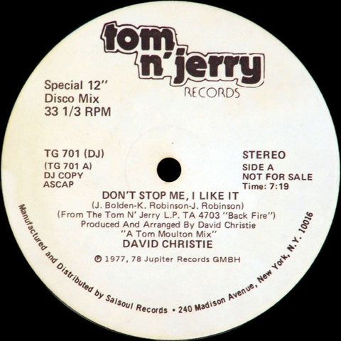 David Christie – Don't Stop Me, I Like It - VG+ 12" Promo Single Record 1978 Tom N' Jerry Vinyl - Disco