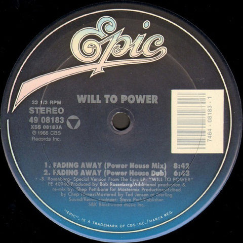 Will to Power - Fading Away 12 Inch Single VG+  1988 Epic Records Promo Copy - House