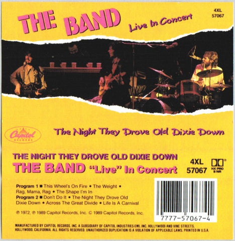 The Band – The Night They Drove Old Dixie Down - The Band Live In Concert! - Used Cassette 1989 Capitol Tape - Folk Rock