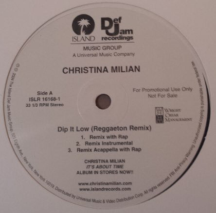 Christina Milian – Dip It Low (Reggaeton Remix) - VG+ 12" Single USA 2004 PROMO - Hip Hop, Reggae