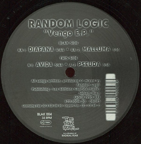 Random Logic – Vengo E.P. - New 12" Single Record 1995 Thee Blak Label Belgium Vinyl - Techno / Acid