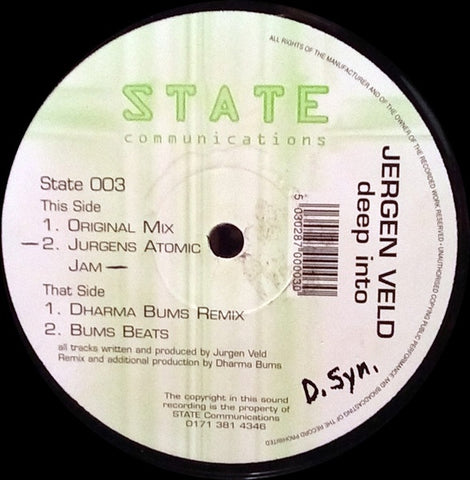 Jurgen Veld – Deep Into - New 12" Single Record 1996 State Communications UK Vinyl - Progressive House / Techno / Acid