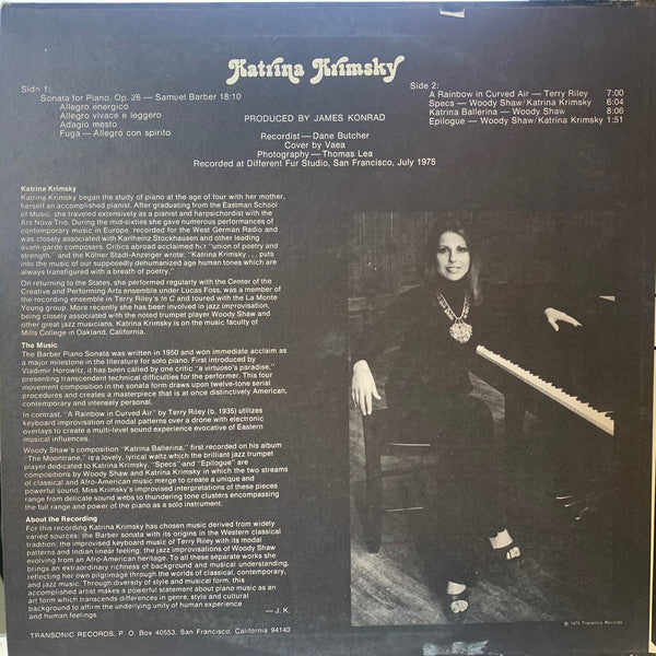 Katrina Krimsky – Katrina Krimsky - VG+ LP Record 1975 Transonic USA Vinyl - Jazz Piano / Modern Classical - Shuga Records