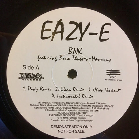 Eazy-E – BNK (Remix) / 24 HRS To Live (Remix) - VG+ 12" Single Record 1998 Ruthless USA Promo Vinyl - Hip Hop