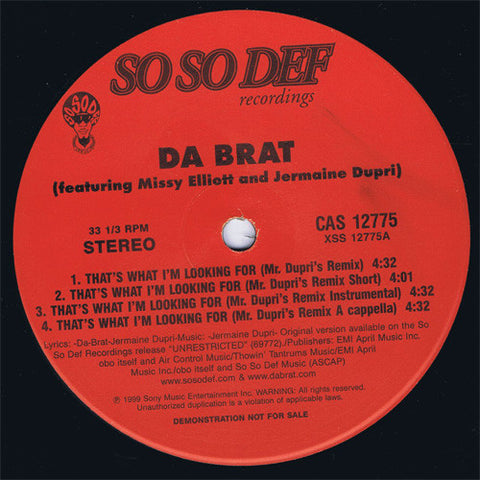 Da Brat - That's What I'm Looking For VG - 12" Single 1999 So So Def USA - Hip Hop
