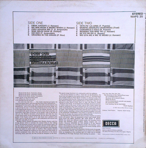 The Ramblers International ‎– Doin' Our Own Thing - VG- (lower grade) LP Record 1972 Decca Nigeria/UK Import Vinyl - African / Highlife - Shuga Records
