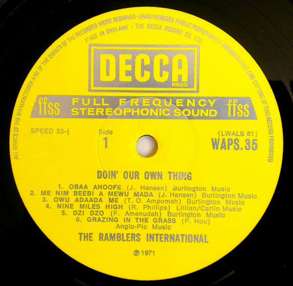 The Ramblers International ‎– Doin' Our Own Thing - VG- (lower grade) LP Record 1972 Decca Nigeria/UK Import Vinyl - African / Highlife - Shuga Records