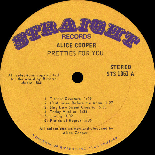 Alice Cooper – Pretties For You - VG+ LP Record 1969 Straight USA Original Orange Label Vinyl & Uncensored - Psychedelic Rock / Hard Rock - Shuga Records