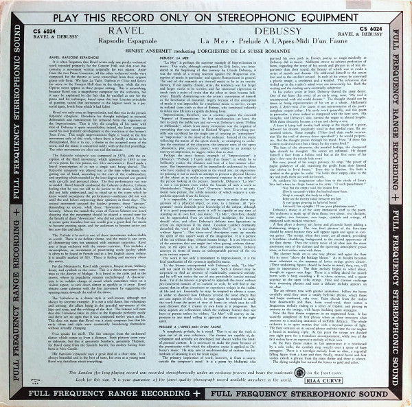 Ernest Ansermet / L'Orchestre De La Suisse Romande - Debussy - La Mer / Prelude A L'Apres-Midi D'un Faune / Ravel - Rapsodie Espagnole - VG+ LP Record 1958 London UK Blueback ffrr Stereo Vinyl - Classical - Shuga Records
