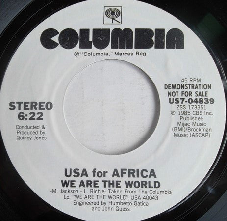 USA For Africa ‎– We Are The World Mint- 7" Single 45 Record 1985 USA Promo - Soul / Ballad