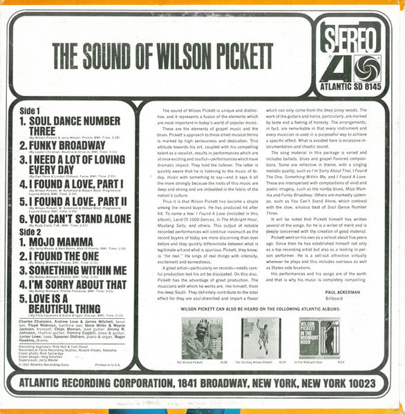 Wilson Pickett – The Sound Of Wilson Pickett - VG LP Record 1967 Atlantic USA Original Vinyl - Soul / Funk - Shuga Records