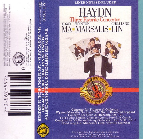 Haydn, Yo-Yo Ma, Wynton Marsalis, Cho-Liang Lin – Three Favorite Concertos - Used Cassette 1984 CBS Tape - Classical