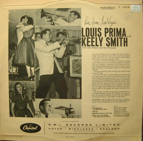 Louis Prima And Keely Smith With Sam Butera And The Witnesses – Las Vegas Prima Style - VG LP Record 1958 Capitol UK Import Mono Vinyl - Jazz / Big Band - Shuga Records
