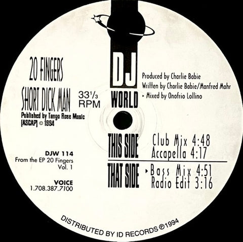 20 Fingers – Short Dick Man - VG 12" Single Record 1994 D.J. World USA Vinyl - Chicago House / Ghetto House