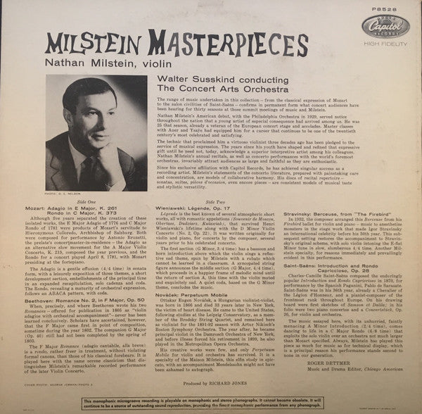 Nathan Milstein, Susskind – Milstein Masterpieces For Violin And Orchestra - Mint- LP Record 1960 Capitol USA Mono Original Vinyl - Classical